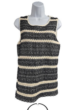 Lucky Brand Womens Black Cream Open Knit Front Sleeveless Top Size Medium